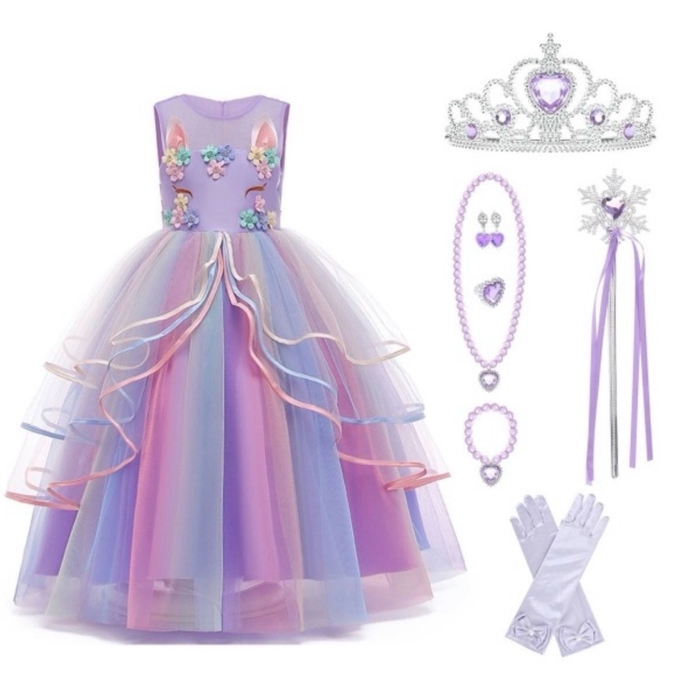 🦄🐰Unicorn Princess Dress Costume Set Purple Rainbow Tulle Tiara Wand Sz 5-6 NWT